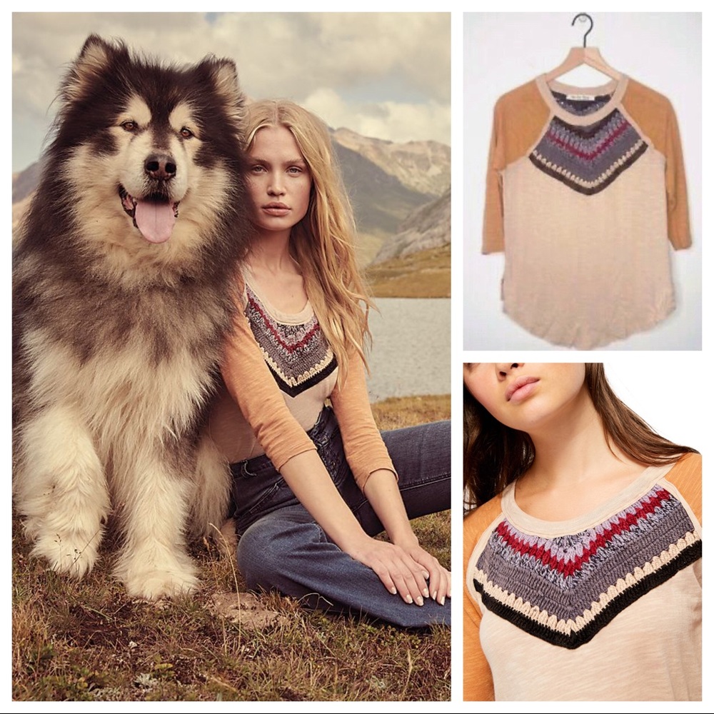 FREE PEOPLE BOHO TEE KNIT PULLOVER CROCHET TOP A2C - Picture 5 of 13